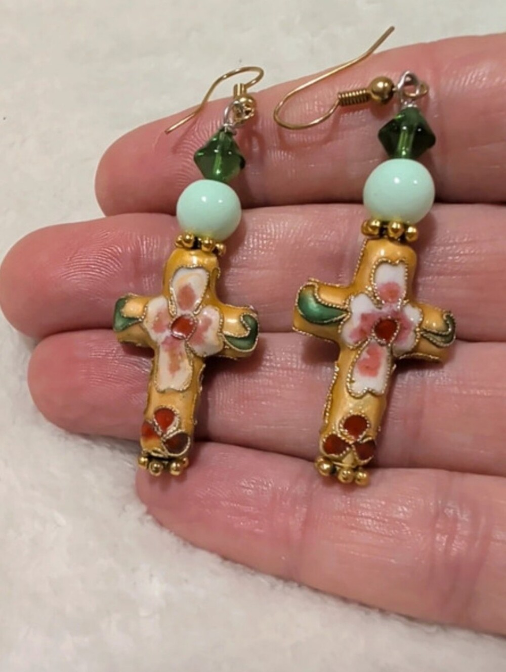 Cloisonné floral cross drop earrings with beaded accents